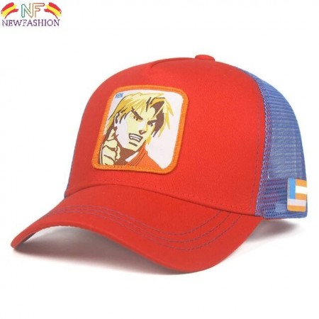 Gorra visera curva trucker Street Fighter Ken Masters roja y azul